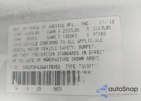 2010 Honda Accord 2.4 Lx-P from USA, damaged, VIN 1HGCP2F43AA178352